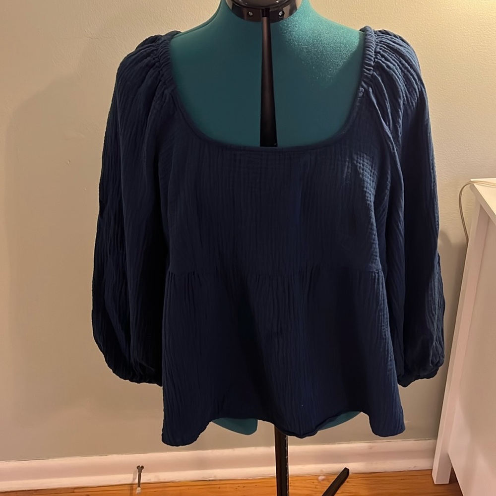 Gauze navy babydoll blouse balloon sleeves